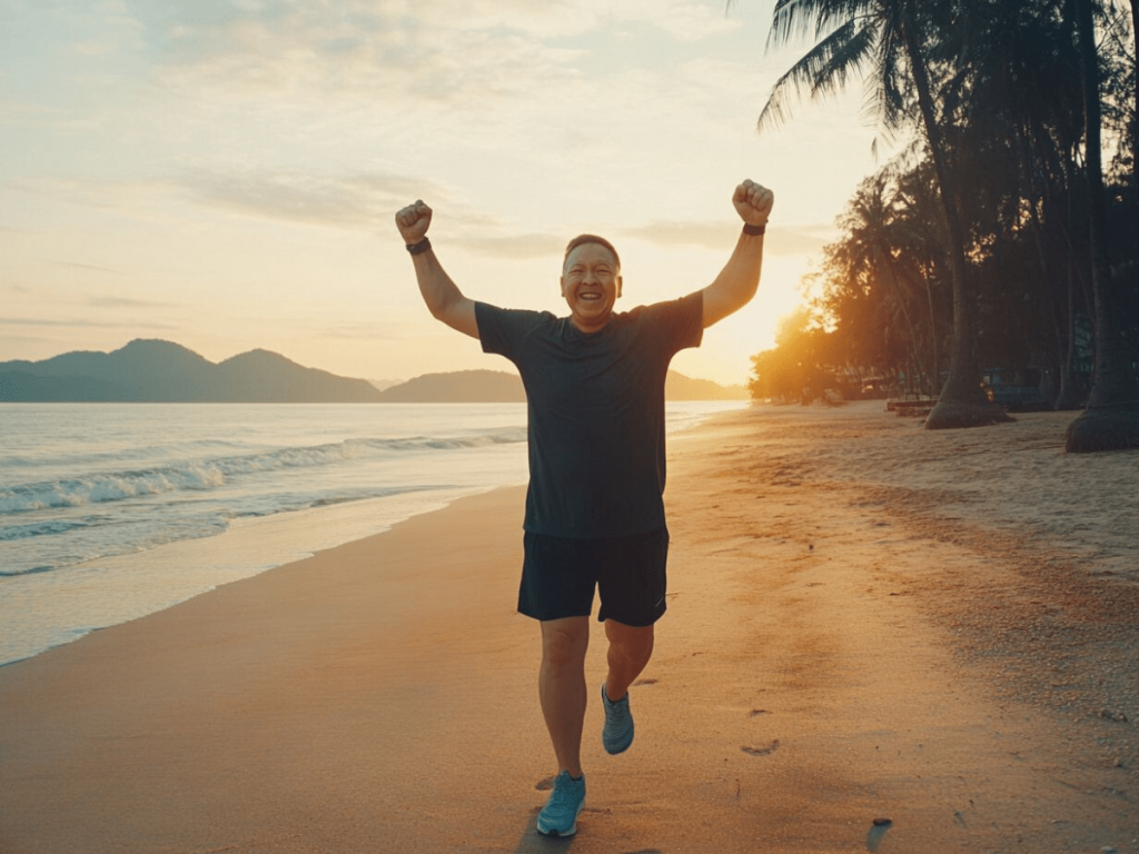 a middle aged man is very happy while walking at the beach