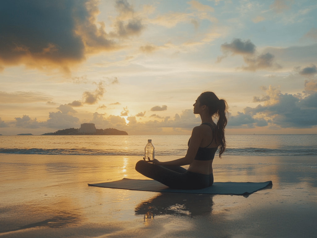 a beautiful young woman does yoga at the beach while doing water fasting at thelifeco