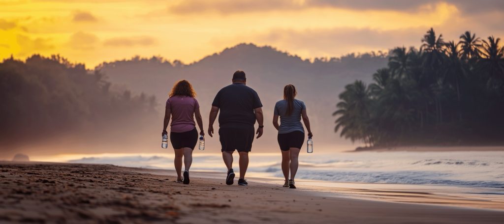 3 thelifeco guests walk at the beach while doing ultimate reset water fasting programs